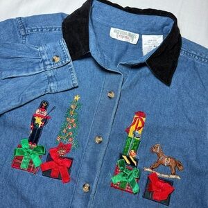 Victoria Jones Women Denim Top Size PM Christmas Toy Soldier Embroidered Velvet